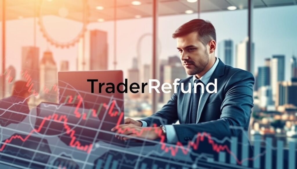 A detailed illustration of the inner workings of Forex rebate mechanisms, showcasing intricate charts and graphs in the foreground to symbolize trading activities. In the middle, a professional-looking trader, dressed in business attire, examines these charts on a modern computer setup, representing analytical insights. In the background, a blurred city skyline hints at a bustling financial hub, emphasizing a global trading atmosphere. The lighting is bright yet soft, indicating a productive work environment, while the angle captures the trader's focus on the screen, reflecting diligence and professionalism. Include the brand name "TraderRefund" creatively integrated within the visual elements, enhancing the theme of Forex trading without distractions.