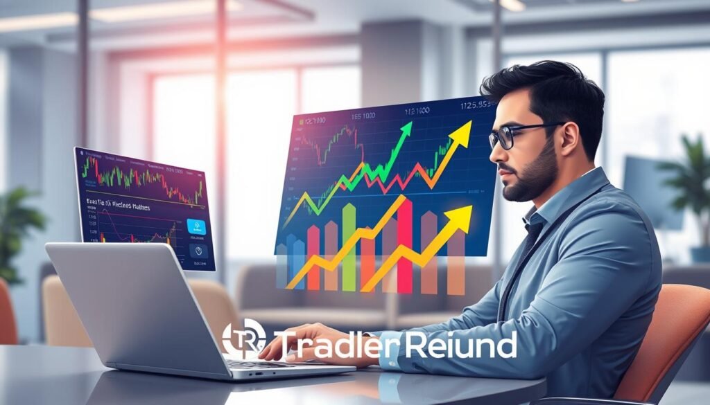 A dynamic and informative illustration showcasing the concept of Forex rebates. In the foreground, a professional-looking trader, dressed in business attire, is observing multiple trading charts and graphs on a sleek laptop. In the middle, there are colorful visuals of Forex market symbols, such as currency pairs and upward trending arrows, representing growth and opportunity. The background features a modern office environment with soft, natural lighting accentuating clarity and focus. The atmosphere conveys a sense of professionalism and expertise, symbolizing the importance of understanding Forex rebates in trading. Include the brand name "TraderRefund" subtly integrated into the scene, emphasizing its relevance.