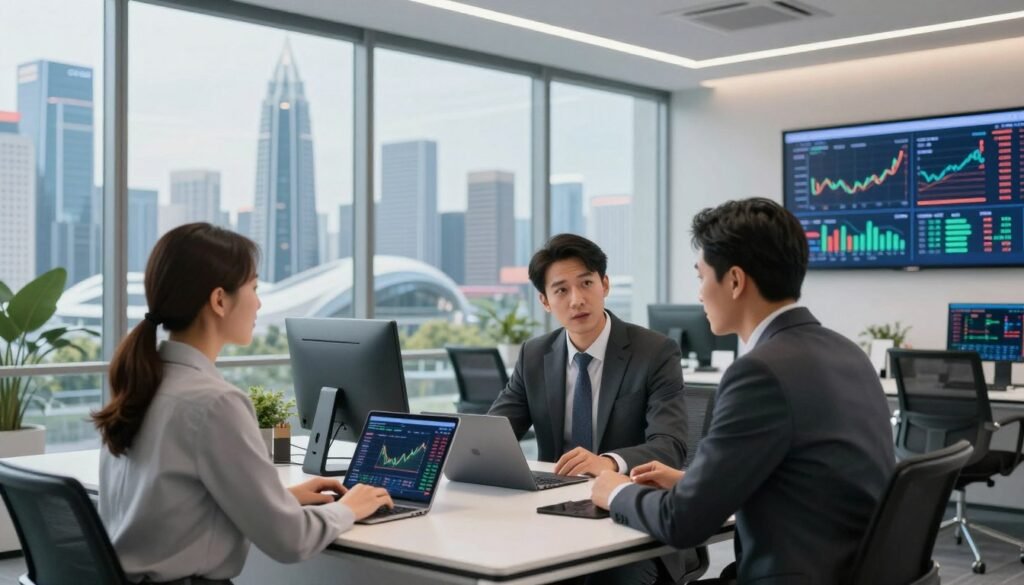 A modern and vibrant depiction of a financial broker's office in 2026, emphasizing the HFM brokerage. In the foreground, a professional consultant dressed in business attire is discussing with a client at a sleek, minimalist desk adorned with tablets and graphs showing trading data. The middle ground features large windows with a panoramic view of a futuristic city skyline, showcasing advanced architecture and greenery. The background includes digital screens displaying market trends and currency graphs, illuminated by soft, ambient lighting. The entire scene conveys a professional yet inviting atmosphere, with a focus on collaboration and high-tech finance. The image should be bright and engaging, representing innovation in the brokerage industry.