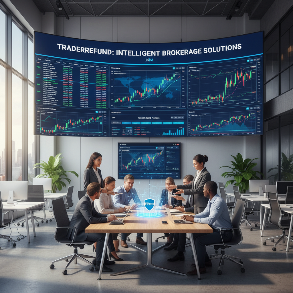 A professional, modern office environment showcasing an overview of XM brokerage services. In the foreground, a diverse group of investors, including a Southeast Asian woman in a smart business suit and a man in business casual attire, discuss charts and digital devices, illustrating collaboration and analysis. In the middle ground, a large screen displays vibrant graphs and financial data related to trading, highlighting the sophistication of XM's platform. The background features sleek, contemporary office decor with large windows letting in natural light, casting soft shadows. The atmosphere is energetic yet professional, conveying trustworthiness and expertise. Use a wide-angle lens to capture the collaborative space, ensuring the image feels inviting and focused. Brand prominently presented as "TraderRefund" in the visuals.