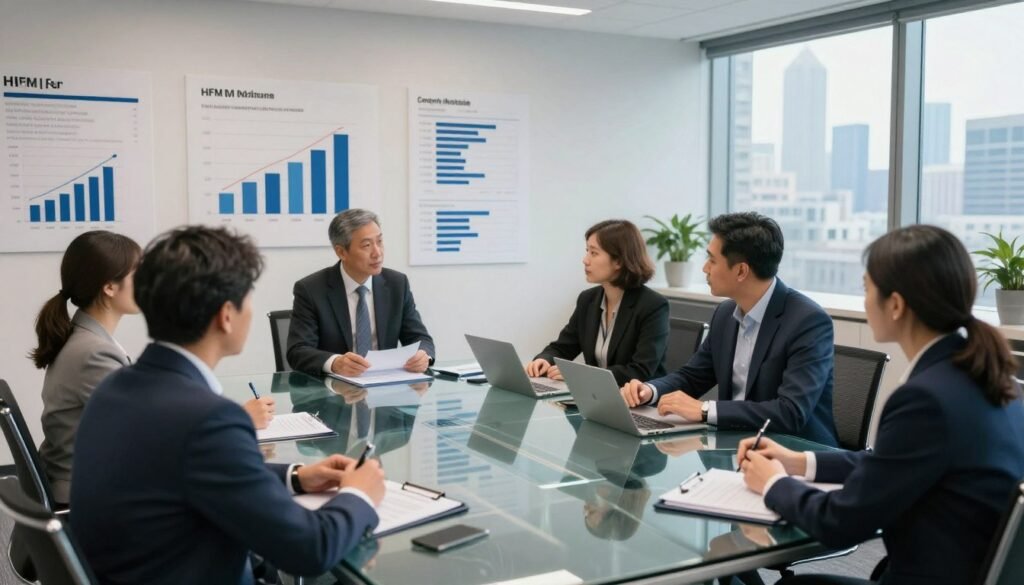 A professional regulatory meeting scene focused on HFM, with a glass conference table in the foreground surrounded by diverse business professionals in smart attire, engaged in discussion. In the middle ground, the walls are adorned with sleek charts and graphs representing compliance metrics and safety statistics. Soft, balanced lighting illuminates the room, creating an atmosphere of trust and integrity. In the background, a large window reveals a city skyline, symbolizing growth and opportunity. The perspective is a slightly elevated angle to capture both the interaction among the individuals and the informative visuals on the walls, evoking a sense of professionalism and seriousness regarding governance and security in the brokerage sector.
