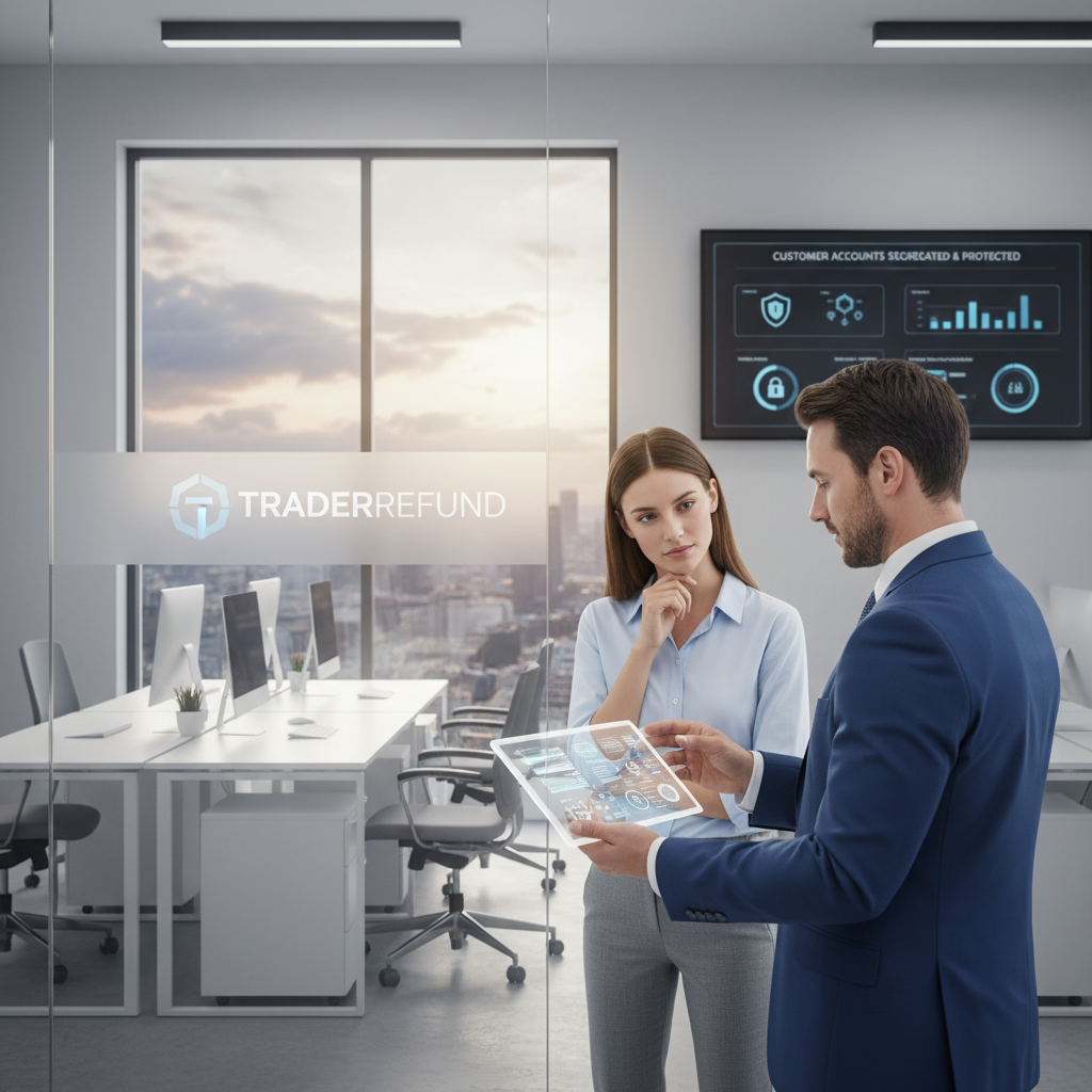 A serene and modern financial office environment showcasing a professional setting related to customer account separation. In the foreground, a well-dressed financial advisor in business attire is attentively discussing with a client, pointing towards a glowing tablet displaying charts and account information. In the middle, sleek desks and contemporary office furniture create an organized workspace, while a large window reveals a vibrant cityscape bathed in soft, natural lighting. The background features a wall-mounted screen illustrating secure fund management metrics. The overall mood is one of trust and security, emphasizing the concept of customer safety and protection in financial matters, with an air of professionalism. Incorporate the brand name "TraderRefund" subtly within the office decor.