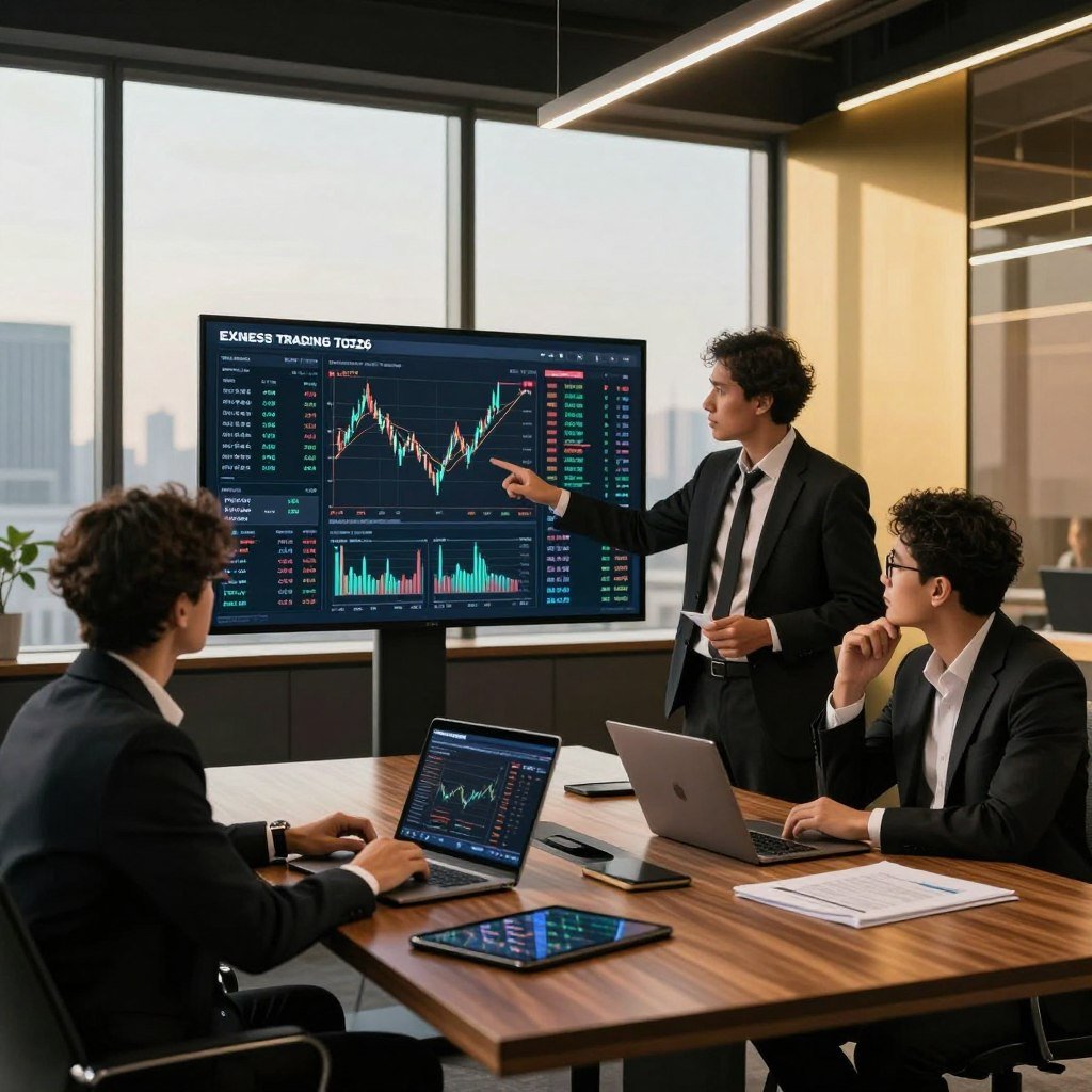 A sleek and modern office environment representing the Exness trading platform in 2026. In the foreground, a diverse group of three professionals in smart business attire are gathered around a digital display showcasing market trends and financial analytics. One individual gestures towards the screen, while the others analyze the data thoughtfully. In the middle, a polished wooden conference table holds laptops, tablets, and financial reports. The background features large windows with a panoramic city view, bathed in warm, golden light that highlights the stylish black and gold color scheme of the office. The atmosphere is focused and dynamic, conveying innovation and professionalism, with a sense of collaboration and expertise in the financial sector. The image should evoke a feeling of trust and sophistication in trading.