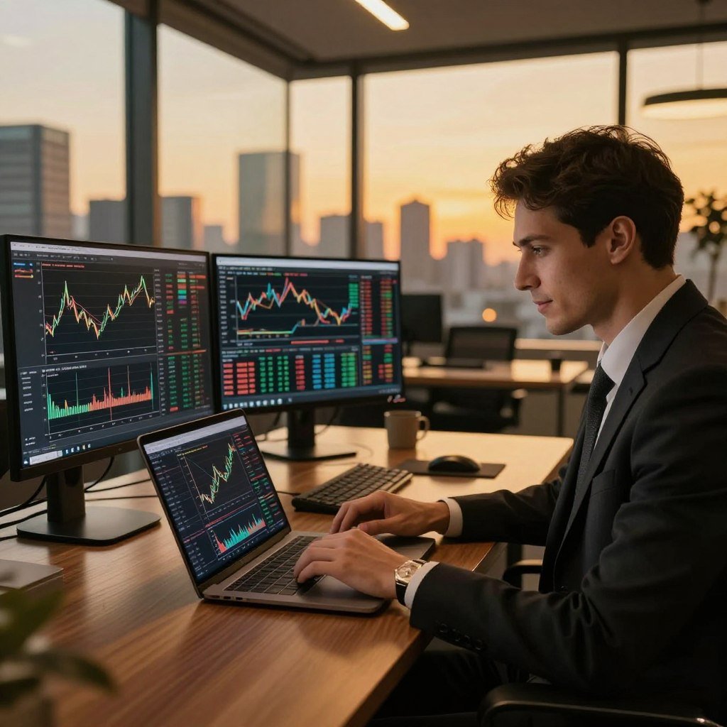 A sleek, modern office environment representing a financial broker review, focusing on Exness. In the foreground, a professional business person in smart attire is analyzing financial charts and trading data on a high-tech laptop, with a confident expression. The middle ground features a polished wooden desk with sophisticated trading equipment, including a large monitor displaying stock graphs. The background displays a panoramic view of a city skyline at dusk, with warm lighting casting a golden hue over the scene. The atmosphere is one of professionalism and trust, emphasizing the quality and standards of Exness as a broker. Lens perspective is slightly low to give a sense of importance, highlighting the blend of gold and black colors throughout the office decor for a luxurious feel.