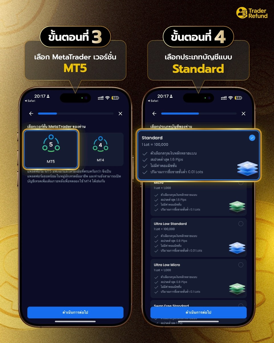 ขั้นตอนที่ 3-4 เลือก MT5 และบัญชี Standard
